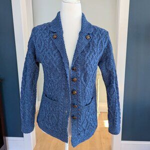 Hand Knit Women's Cable Knit Blazer Cardigan Sweater XS Denim Blue